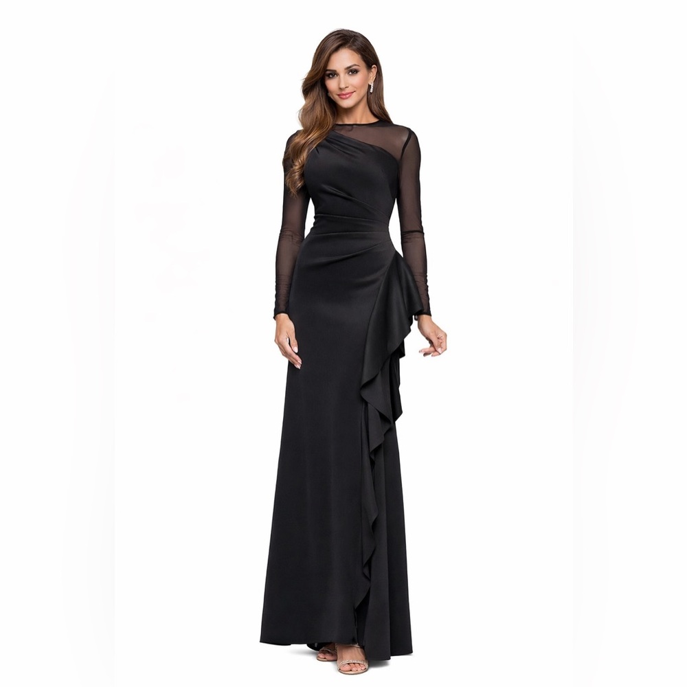 Xscape Black Mesh Gown Size 8P NWT Petite Formal Evening Dress MODEST GALA MOB